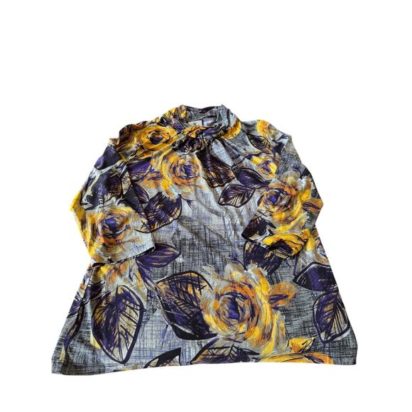 Worthington Women’s Floral Stretch Top L Yellow Purple Gray 3/4 Sleeve Blouse - Picture 4 of 9